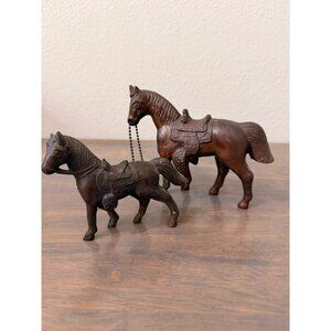2 Cast Metal Horse Figures 1950s Western Pony Brush Metal Figurines